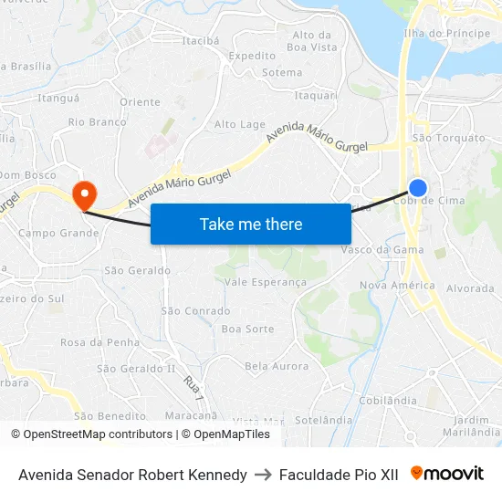 Avenida Senador Robert Kennedy to Faculdade Pio XII map