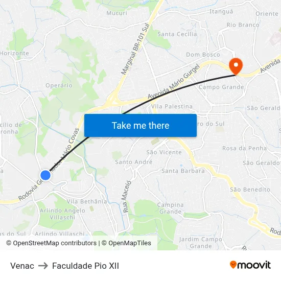 Venac to Faculdade Pio XII map