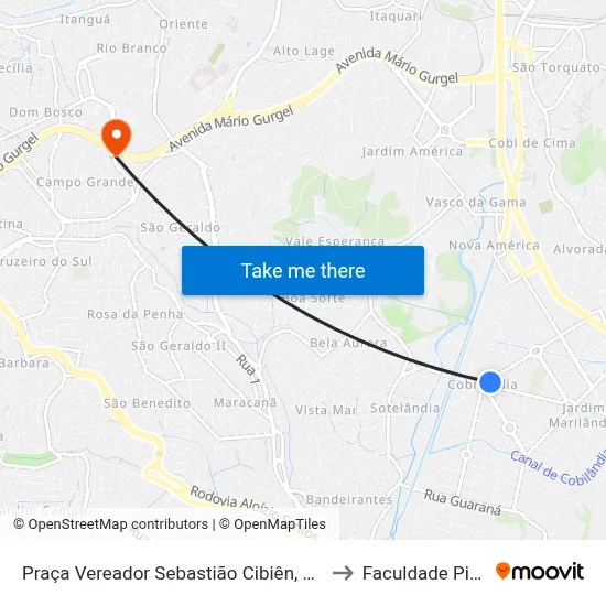 Praça Vereador Sebastião Cibiên, 283-329 to Faculdade Pio XII map