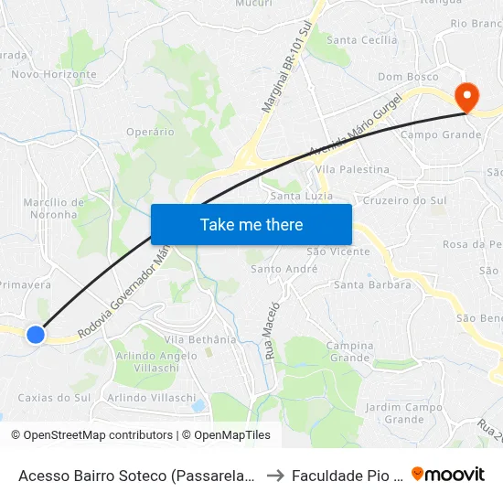 Acesso Bairro Soteco (Passarela) Sul to Faculdade Pio XII map