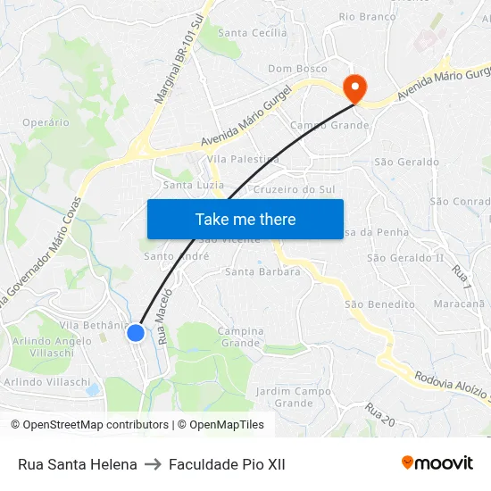 Rua Santa Helena to Faculdade Pio XII map