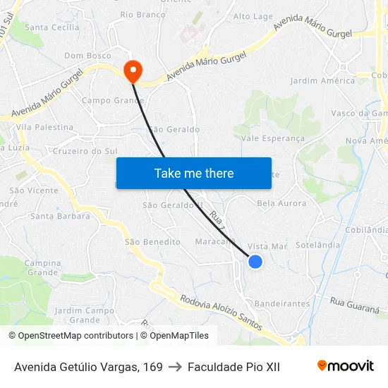 Avenida Getúlio Vargas, 169 to Faculdade Pio XII map