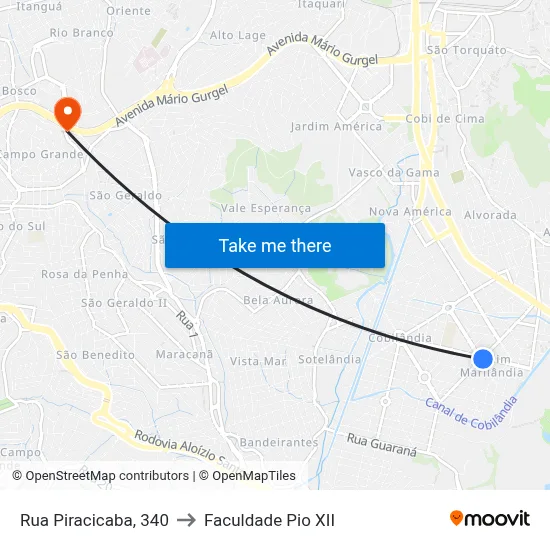 Rua Piracicaba, 340 to Faculdade Pio XII map
