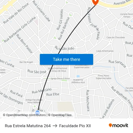 Rua Estrela Matutina 264 to Faculdade Pio XII map