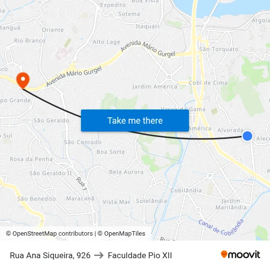 Rua Ana Siqueira, 926 to Faculdade Pio XII map