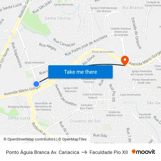 Ponto Águia Branca Av. Cariacica to Faculdade Pio XII map