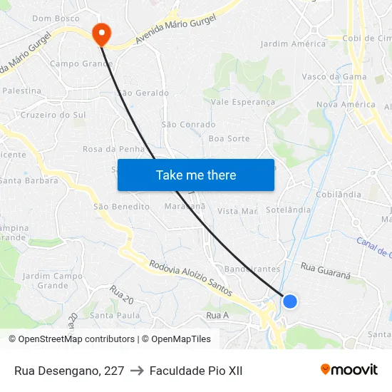 Rua Desengano, 227 to Faculdade Pio XII map