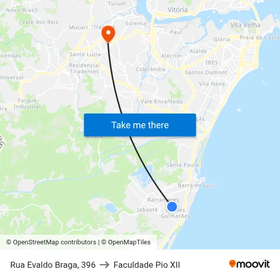 Rua Evaldo Braga, 396 to Faculdade Pio XII map