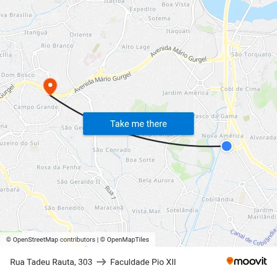 Rua Tadeu Rauta, 303 to Faculdade Pio XII map