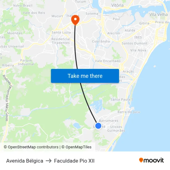 Avenida Bélgica to Faculdade Pio XII map
