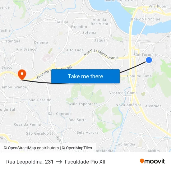 Rua Leopoldina, 231 to Faculdade Pio XII map