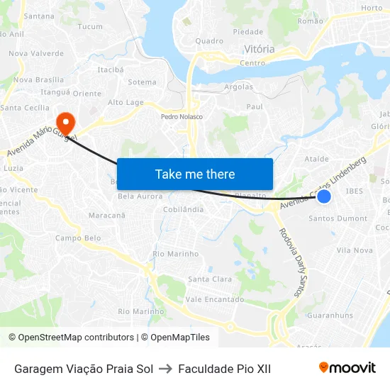 Garagem Viação Praia Sol to Faculdade Pio XII map
