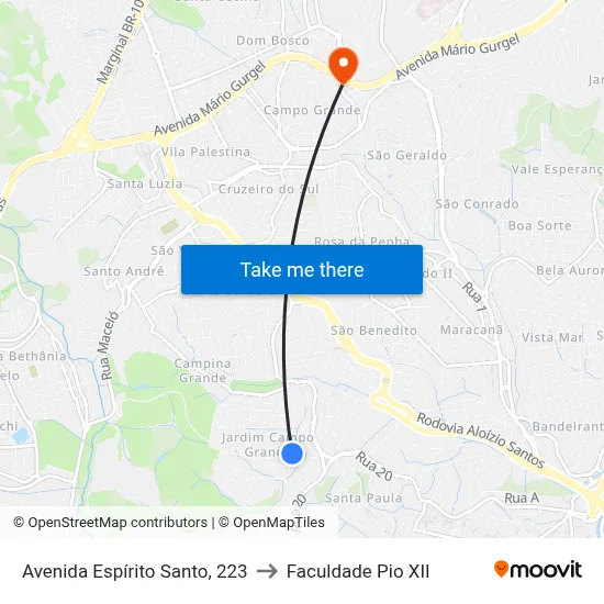 Avenida Espírito Santo, 223 to Faculdade Pio XII map