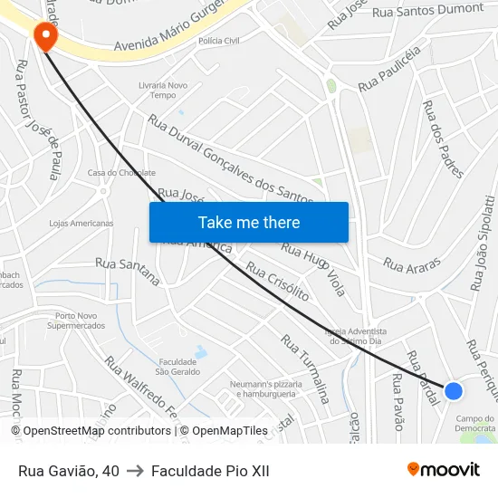 Rua Gavião, 40 to Faculdade Pio XII map