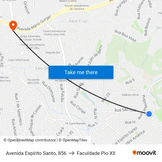 Avenida Espírito Santo, 856 to Faculdade Pio XII map