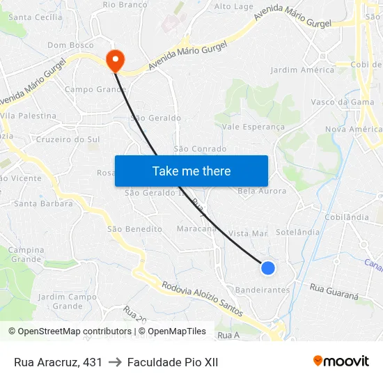Rua Aracruz, 431 to Faculdade Pio XII map
