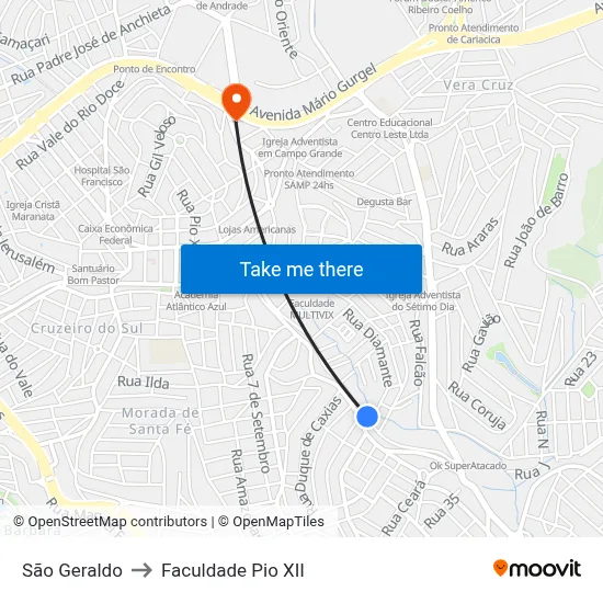São Geraldo to Faculdade Pio XII map