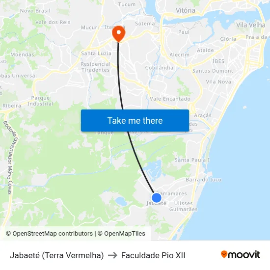 Jabaeté (Terra Vermelha) to Faculdade Pio XII map