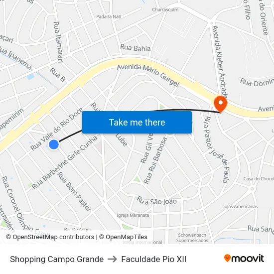 Shopping Campo Grande to Faculdade Pio XII map