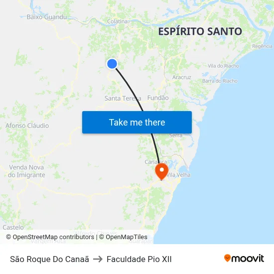 São Roque Do Canaã to Faculdade Pio XII map
