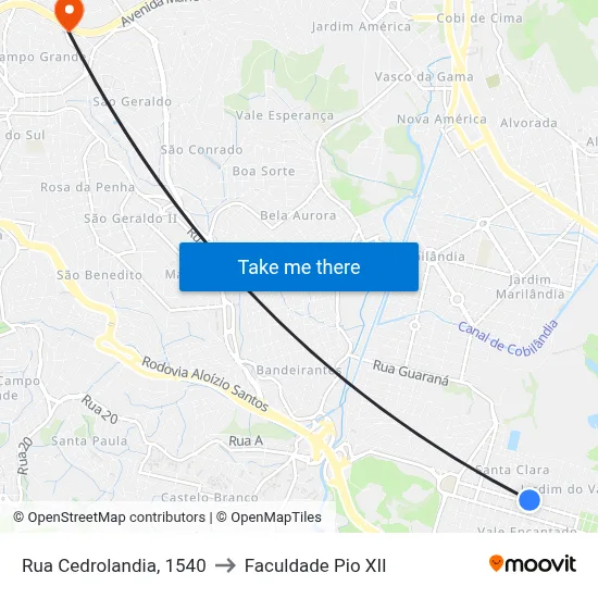 Rua Cedrolandia, 1540 to Faculdade Pio XII map