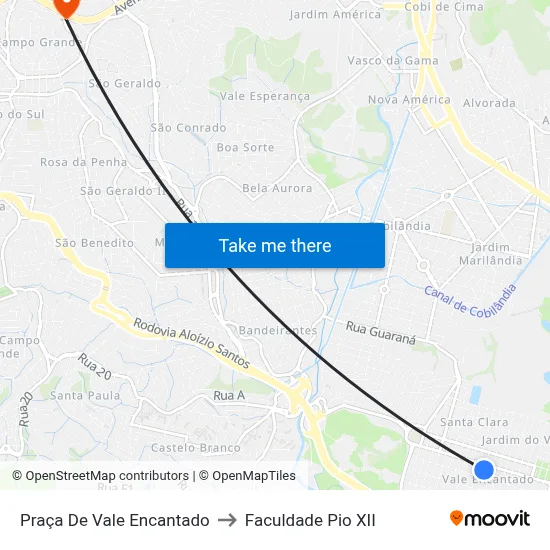 Praça De Vale Encantado to Faculdade Pio XII map