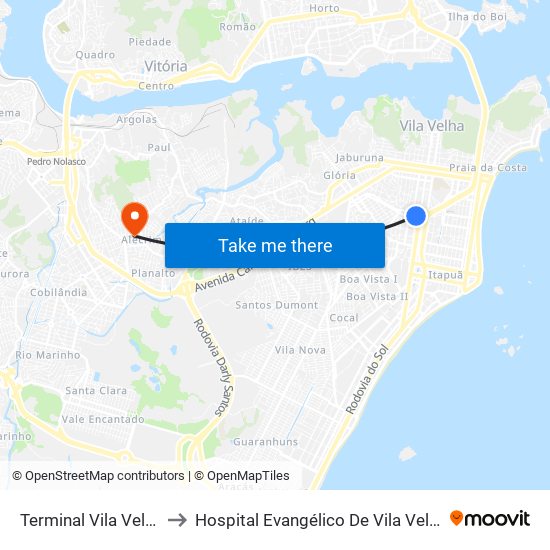 Terminal Vila Velha to Hospital Evangélico De Vila Velha map