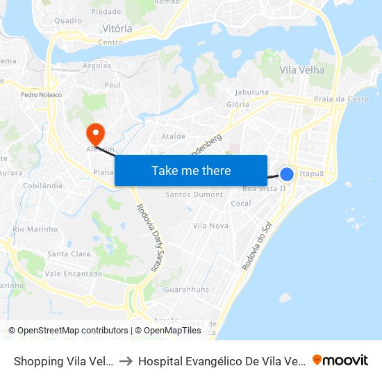 Shopping Vila Velha to Hospital Evangélico De Vila Velha map