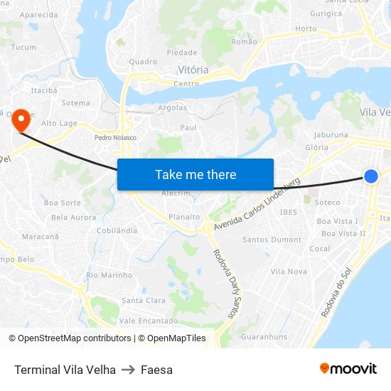 Terminal Vila Velha to Faesa map