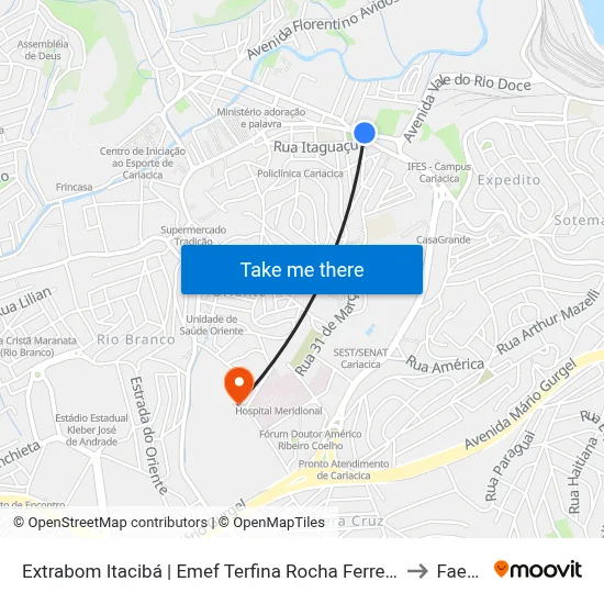 Extrabom Itacibá | Emef Terfina Rocha Ferreira to Faesa map