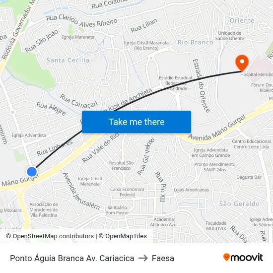 Ponto Águia Branca Av. Cariacica to Faesa map