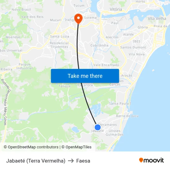 Jabaeté (Terra Vermelha) to Faesa map