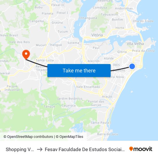 Shopping Vila Velha to Fesav Faculdade De Estudos Sociais Aplicados De Viana map