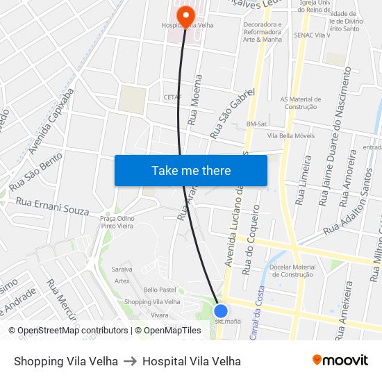 Shopping Vila Velha to Hospital Vila Velha map