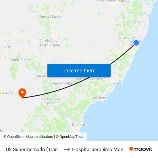 Ok Supermercado (Transcol) to Hospital Jerônimo Monteiro map