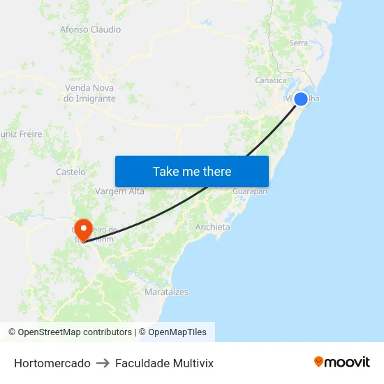 Hortomercado to Faculdade Multivix map
