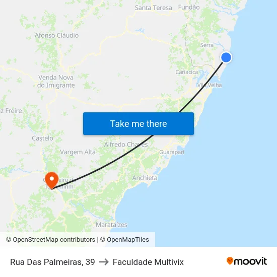 Rua Das Palmeiras, 39 to Faculdade Multivix map