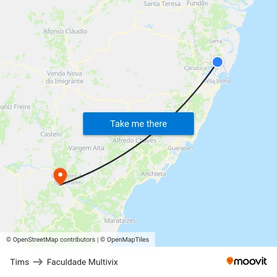 Tims to Faculdade Multivix map
