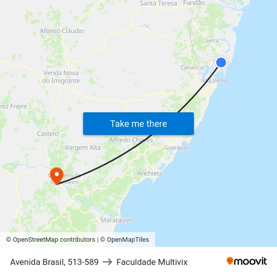 Avenida Brasil, 513-589 to Faculdade Multivix map