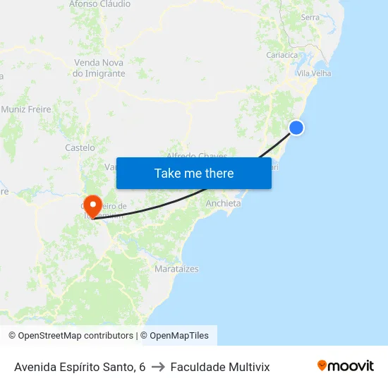 Avenida Espírito Santo, 6 to Faculdade Multivix map