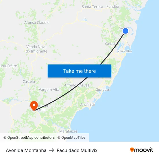 Avenida Montanha to Faculdade Multivix map