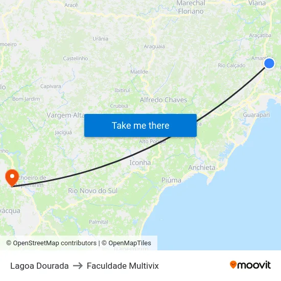 Lagoa Dourada to Faculdade Multivix map
