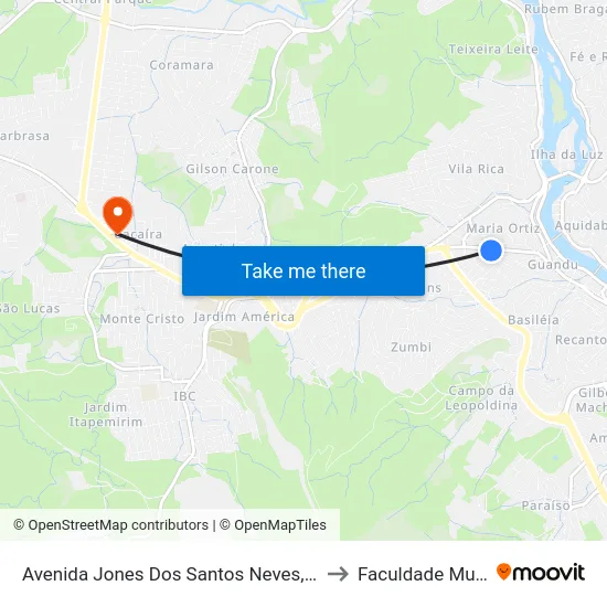 Avenida Jones Dos Santos Neves, 507-551 to Faculdade Multivix map