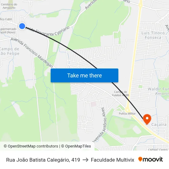 Rua João Batista Calegário, 419 to Faculdade Multivix map
