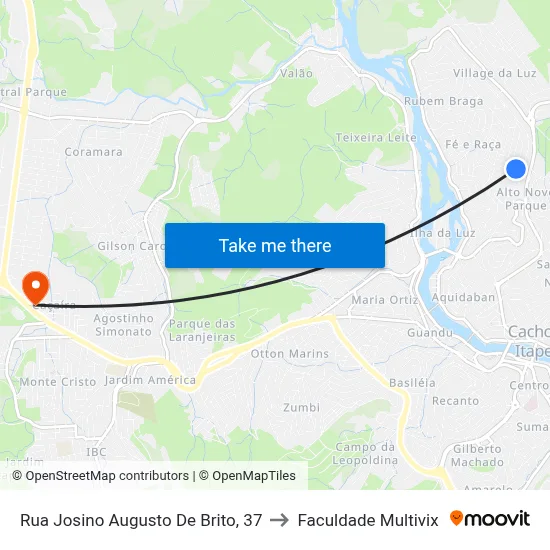 Rua Josino Augusto De Brito, 37 to Faculdade Multivix map