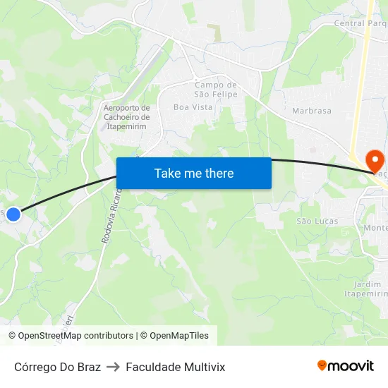 Córrego Do Braz to Faculdade Multivix map