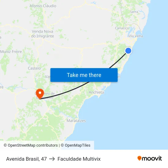 Avenida Brasil, 47 to Faculdade Multivix map