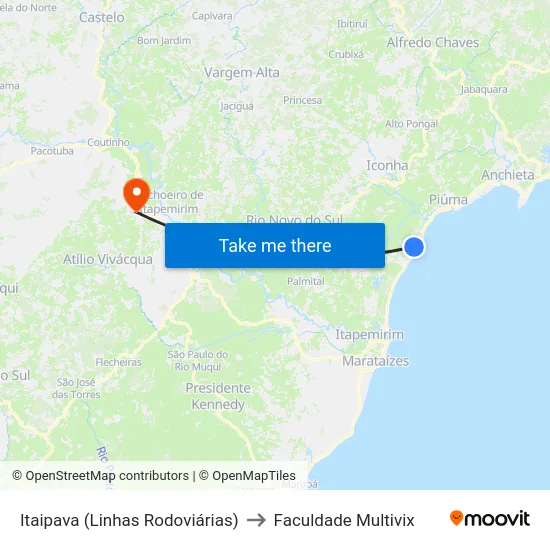 Itaipava (Linhas Rodoviárias) to Faculdade Multivix map