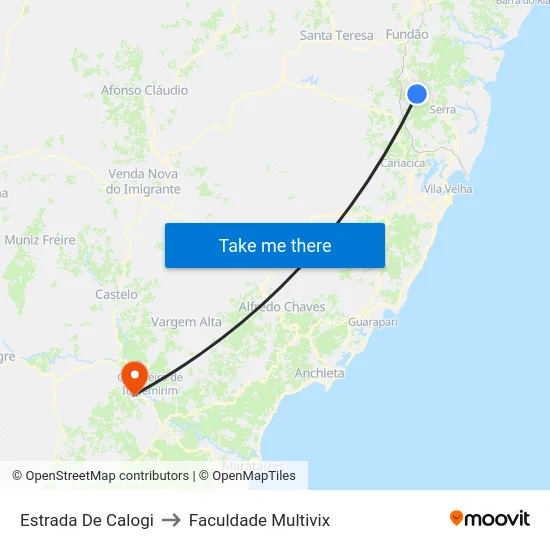 Estrada De Calogi to Faculdade Multivix map
