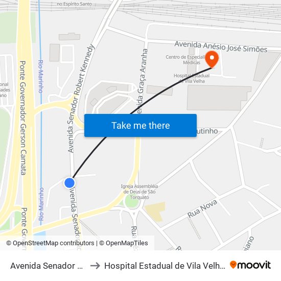 Avenida Senador Robert Kennedy to Hospital Estadual de  Vila Velha (HEVV / Ferroviários) map